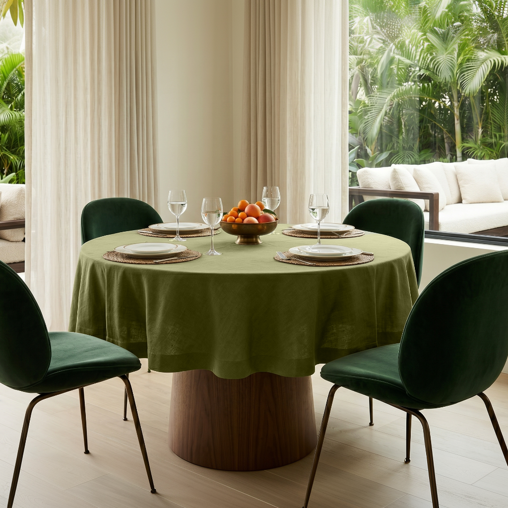 Olive Green Linen Round Tablecloth in a Bright Dining Room with Cream Walls and Deep Green Velvet Chairs