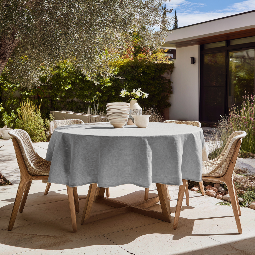 Stone Grey Linen Round Tablecloth in a Sunny Patio Dining Space