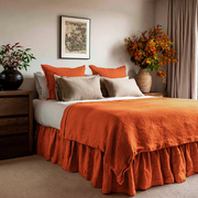 Burnt Orange Linen Bed Skirt with Gathered Ruffles