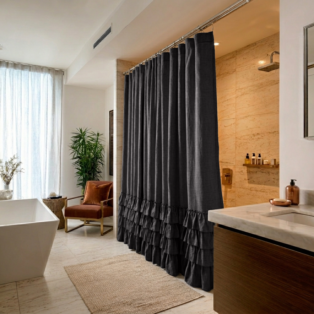 Charcoal Grey Linen Ruffled Shower Curtain