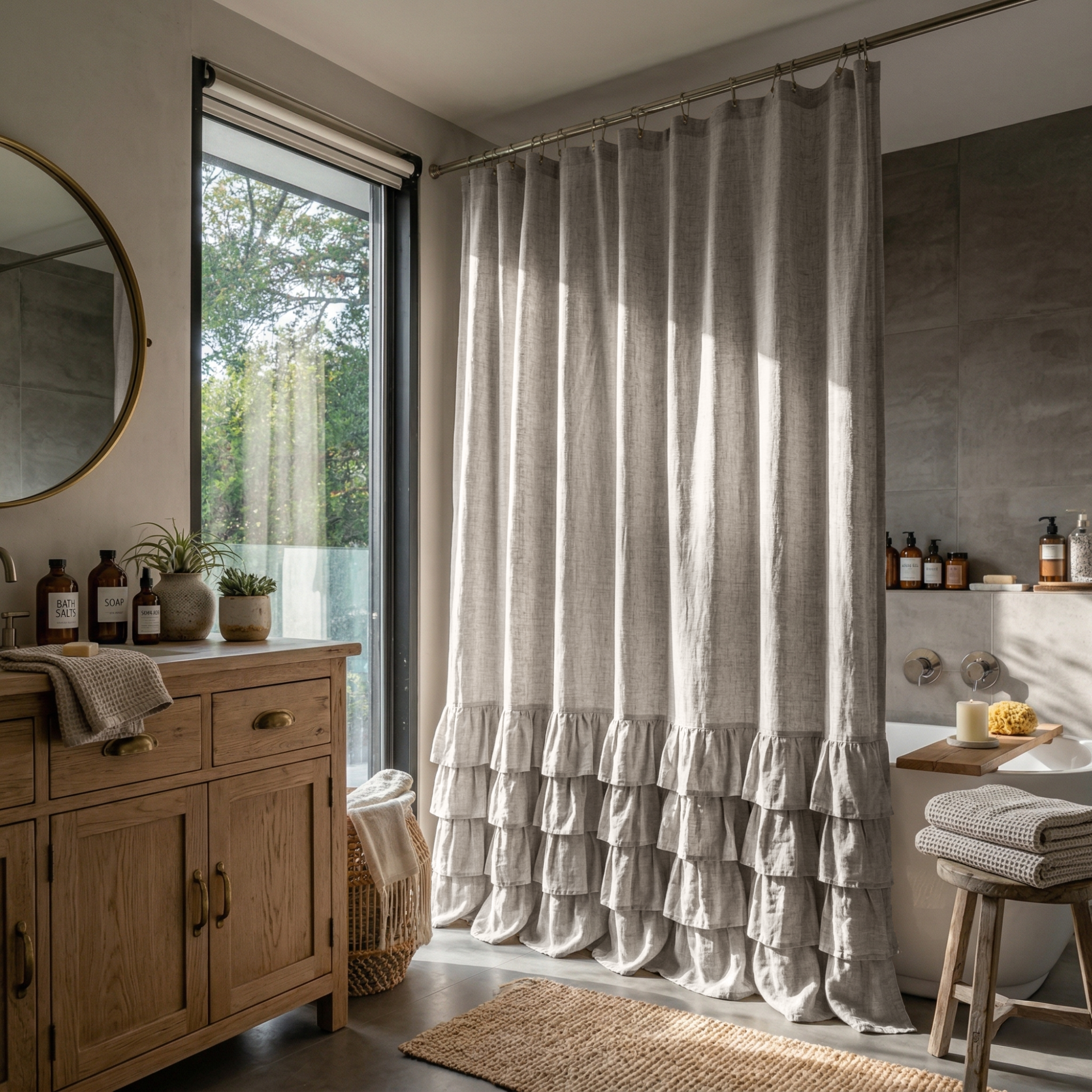 Natural Linen Ruffled Shower Curtain