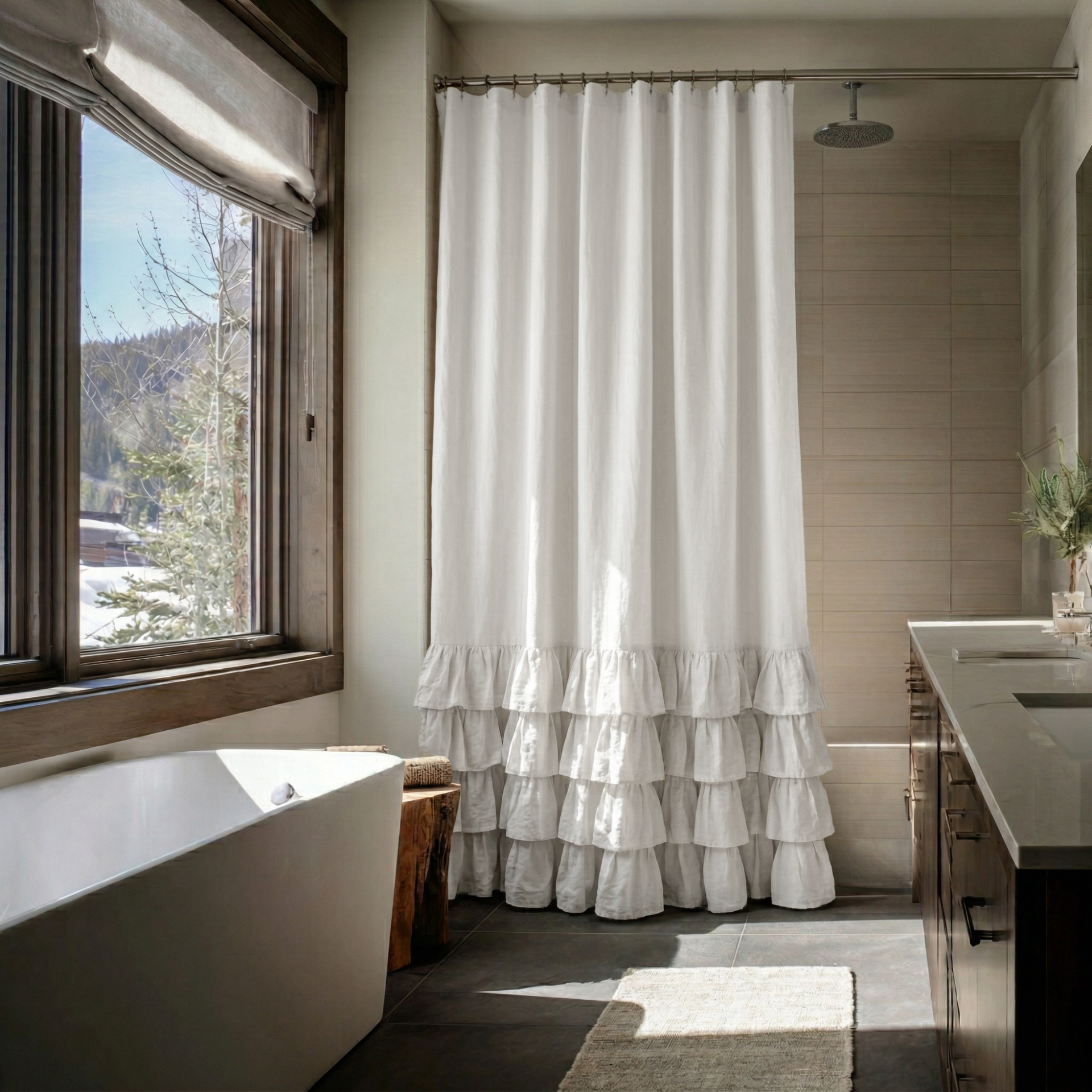 Off-White Linen Ruffle Shower Curtain in a Rustic Modern Bathroom with Soft Ivory Accents