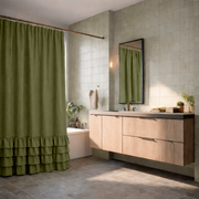 Olive Green Linen Ruffle Shower Curtain in a Contemporary Bathroom