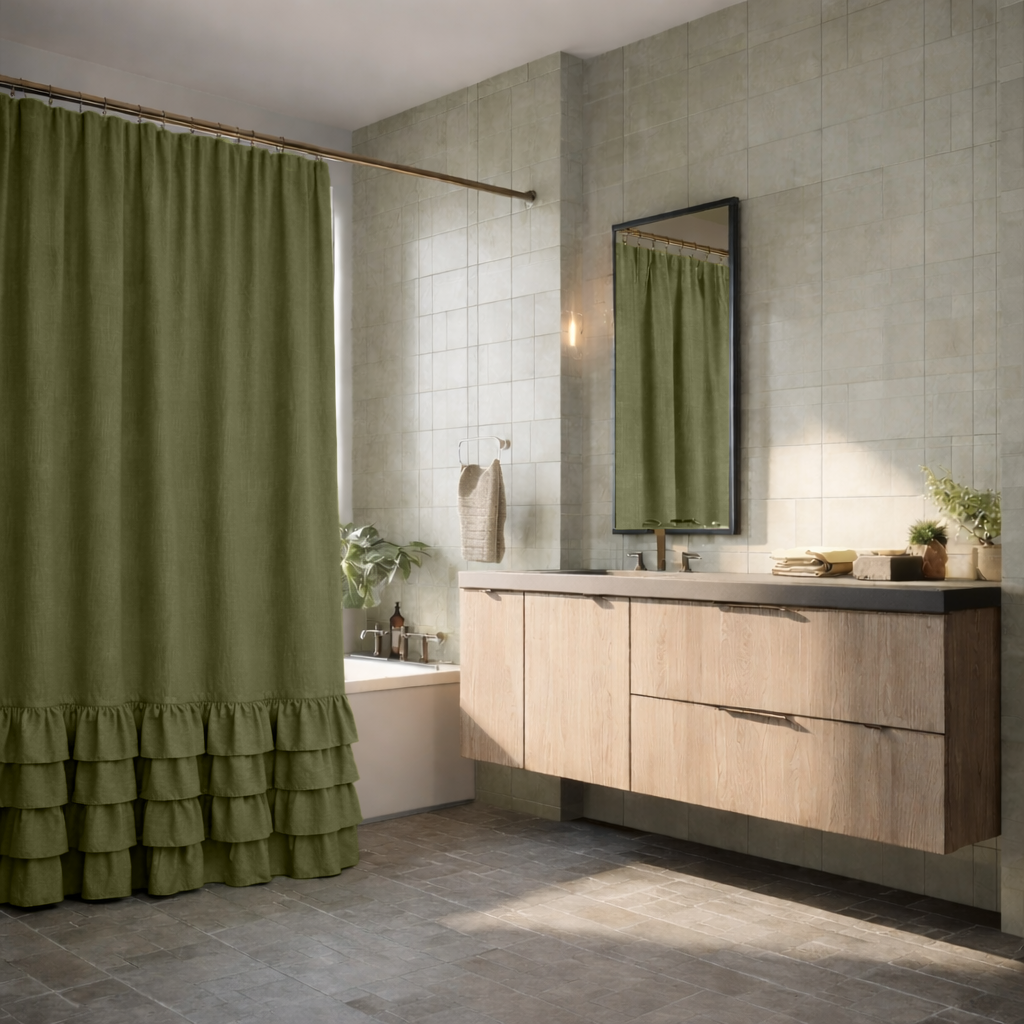 Olive Green Linen Ruffle Shower Curtain in a Contemporary Bathroom