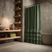 Sage Green Linen Ruffle Shower Curtain in a Contemporary Bathroom with Textured Stone Walls