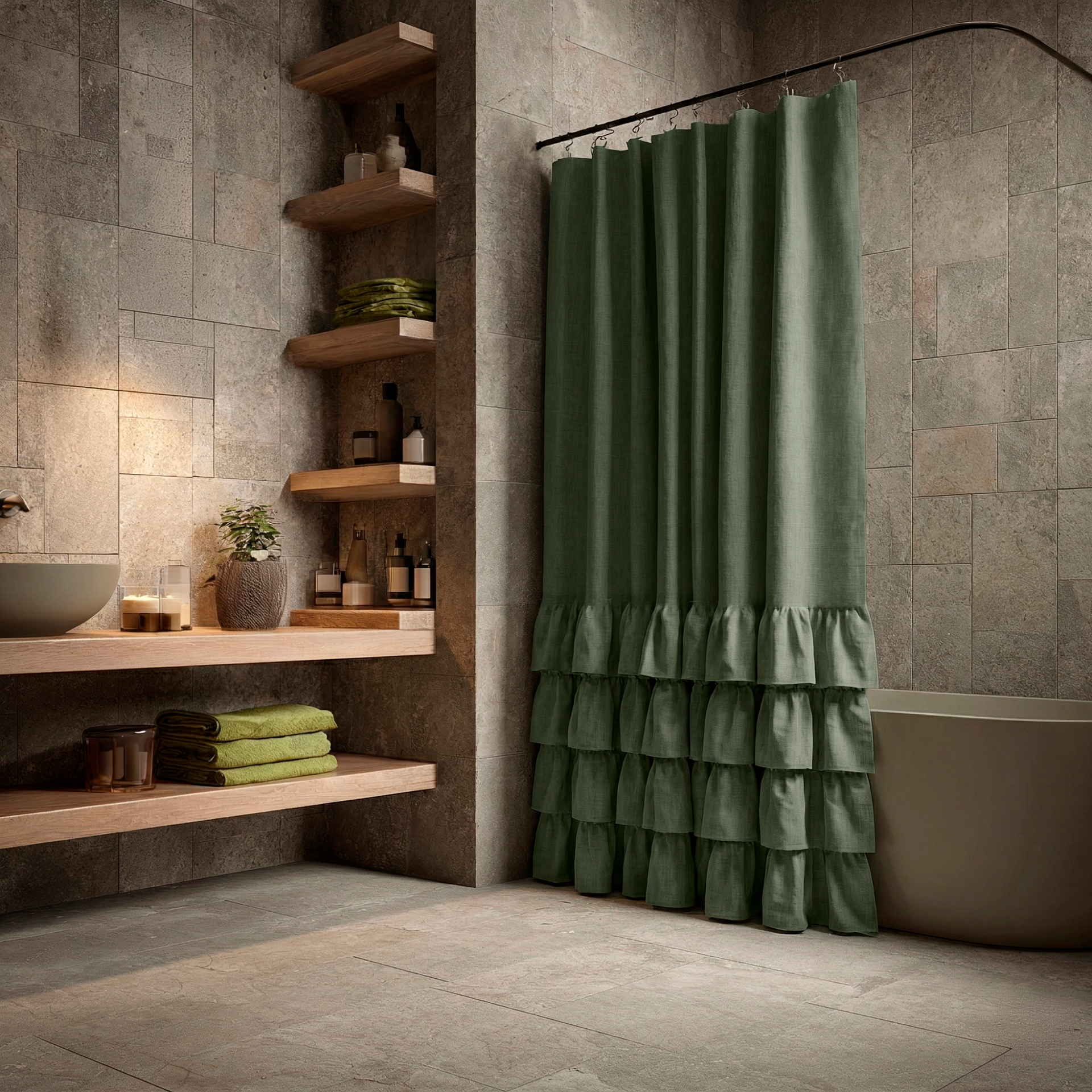 Sage Green Linen Ruffle Shower Curtain in a Contemporary Bathroom with Textured Stone Walls