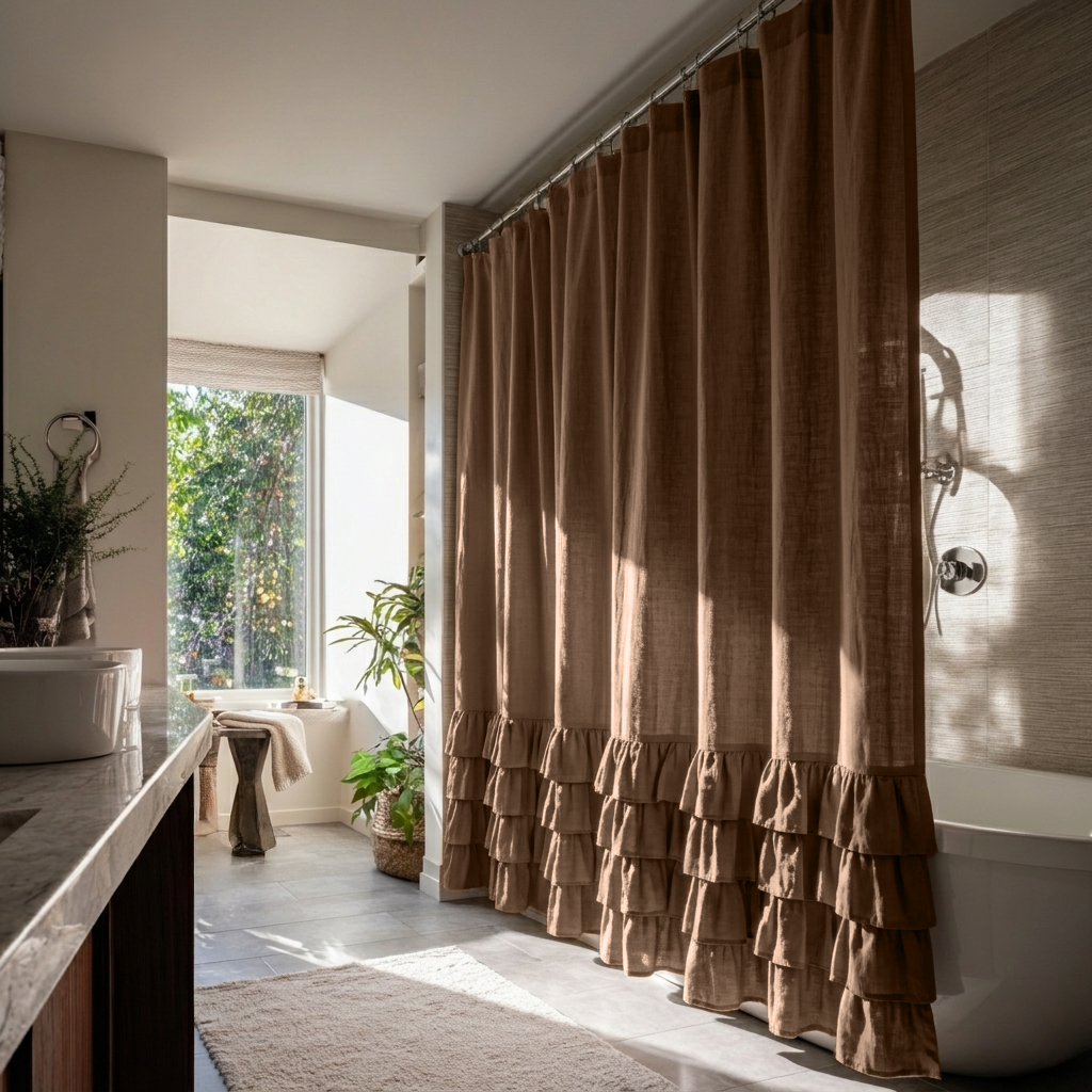 Tawny Brown Linen Ruffled Shower Curtain