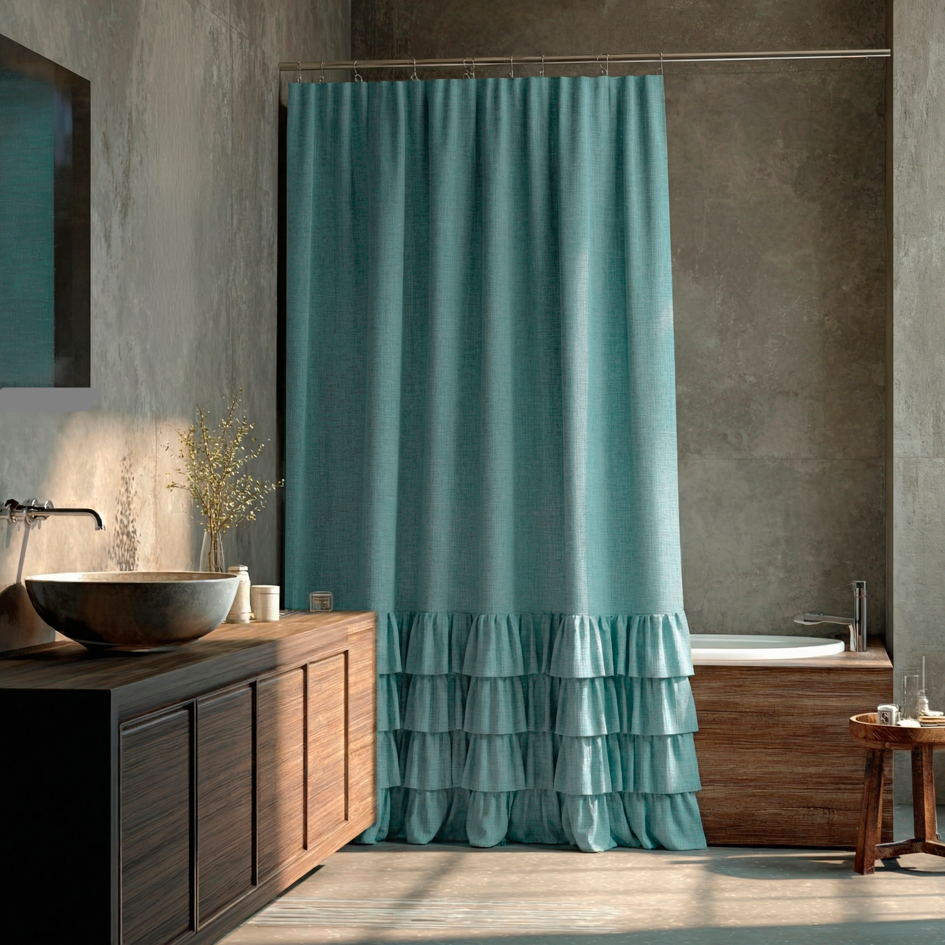 Aquamarine Blue Linen Ruffle Shower Curtain in a Luxurious Bathroom with Dark Concrete Walls
