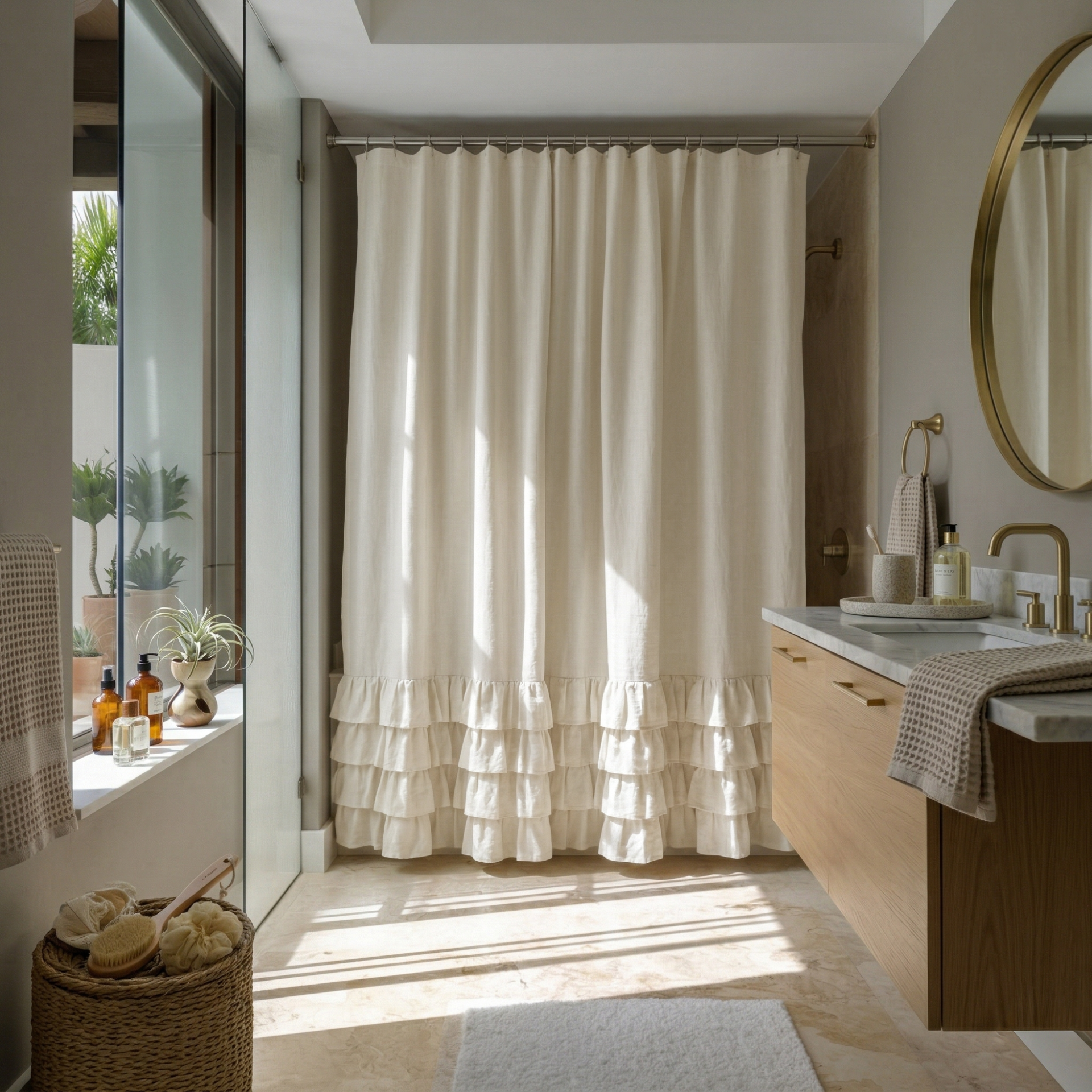 Cream Linen Ruffled Shower Curtain