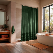 Forest Green Linen Ruffled Shower Curtain