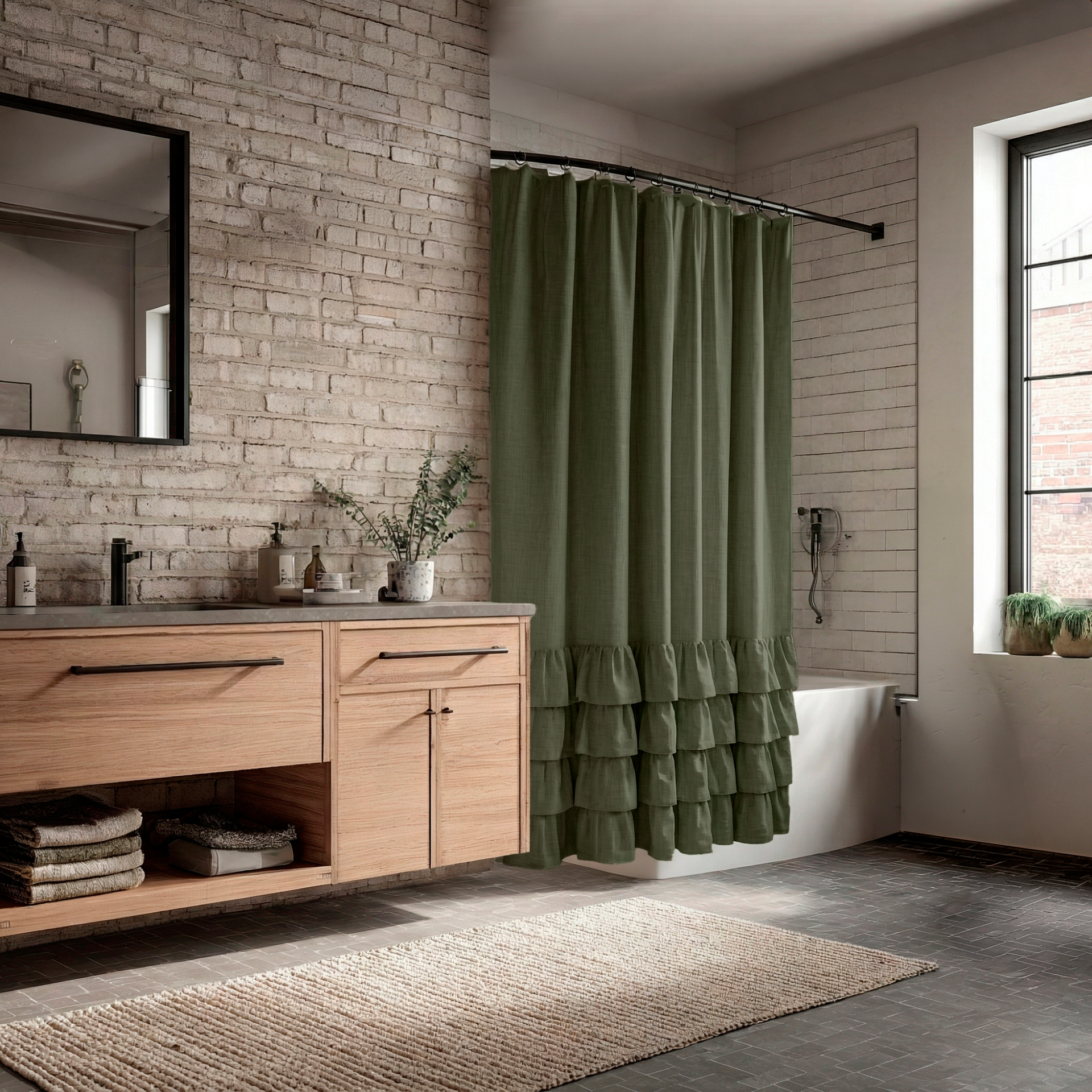 Sage Green Linen Ruffle Shower Curtain in an Industrial Bathroom with Whitewashed Brick Walls and Natural Wood Accents