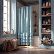 Sky Blue Linen Ruffle Shower Curtain in a Classic Bathroom with Soft Powder Blue Paneling and Natural Wood Accents