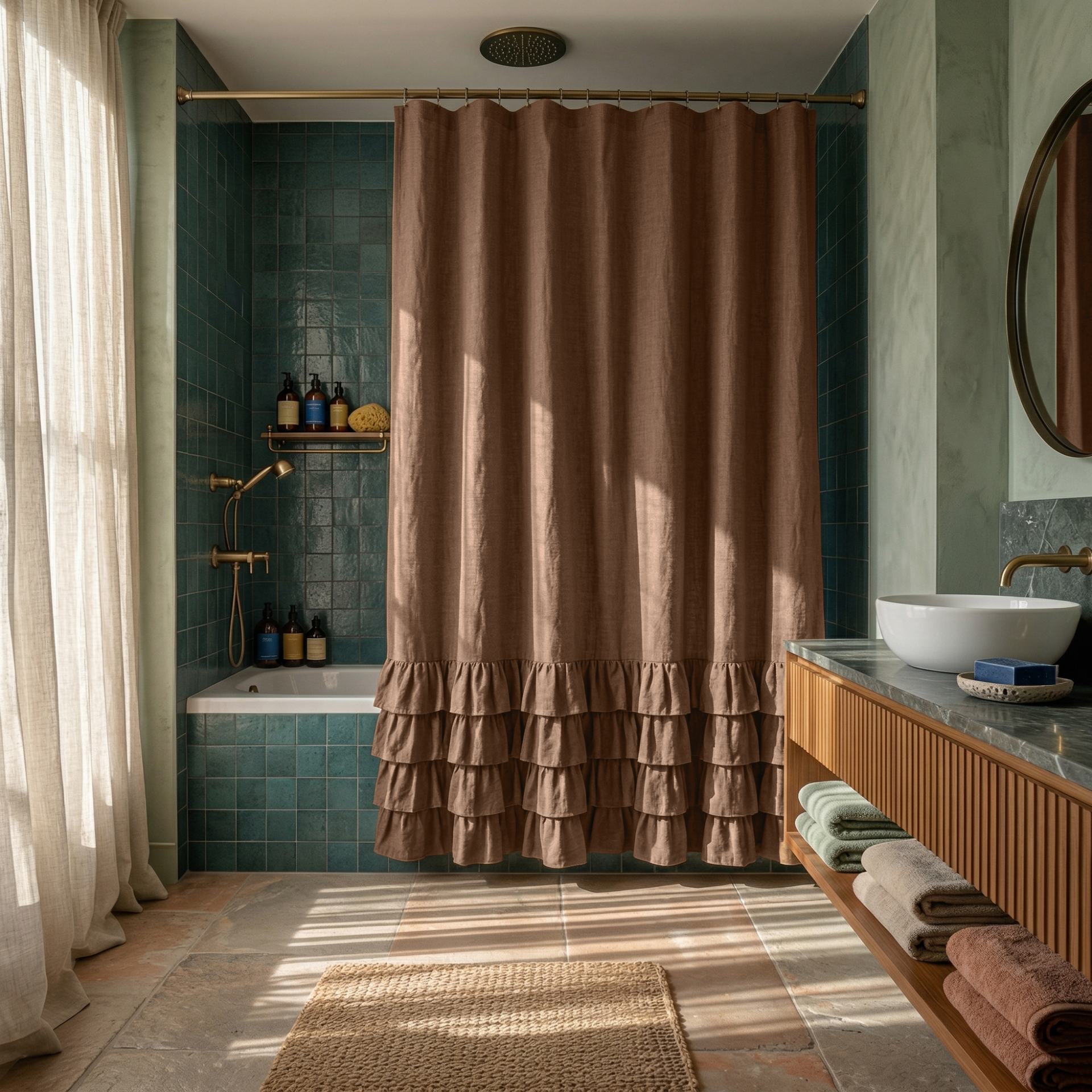 Tawny Brown Linen Ruffled Shower Curtain