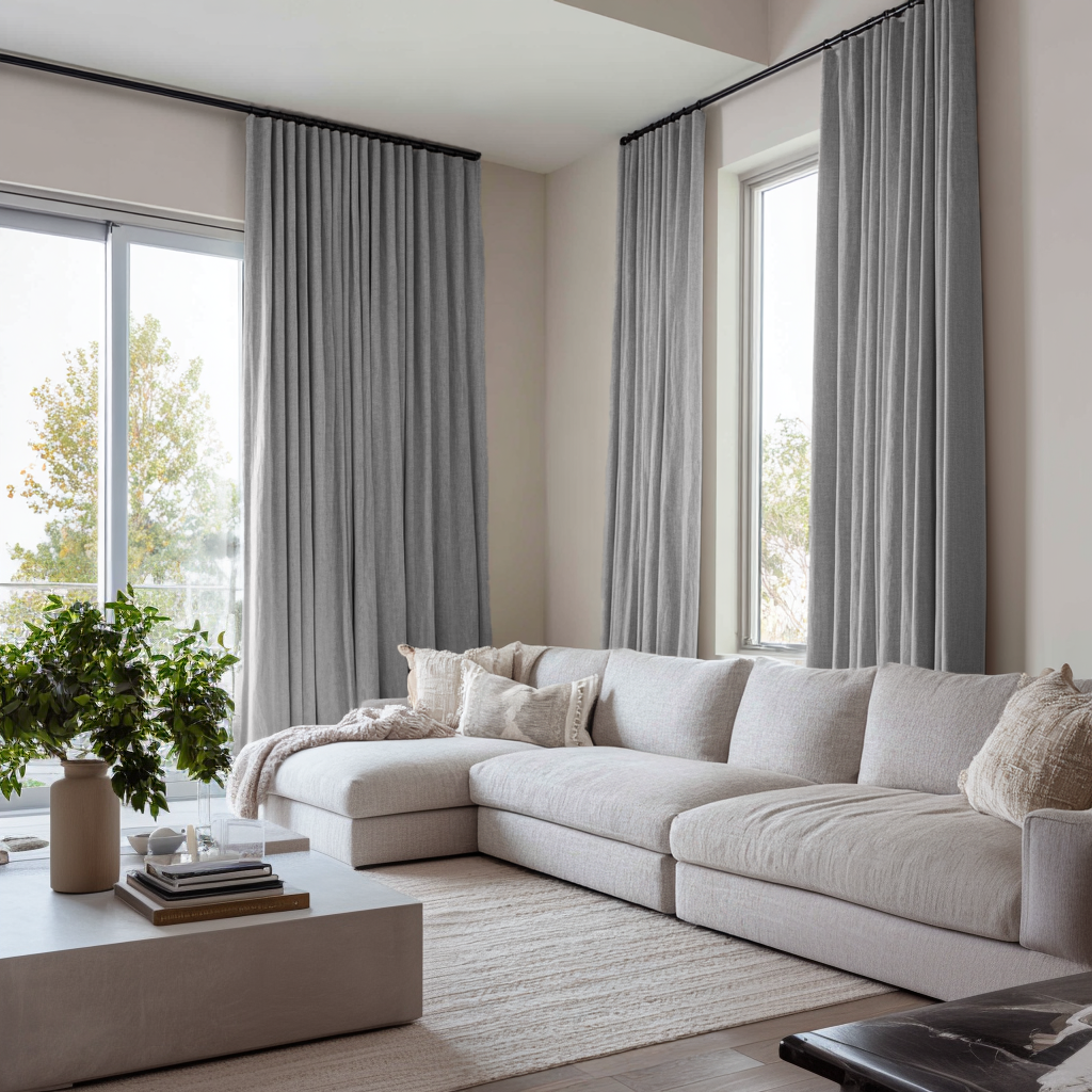 Stone Grey Linen Soundproof Curtains with Multitape