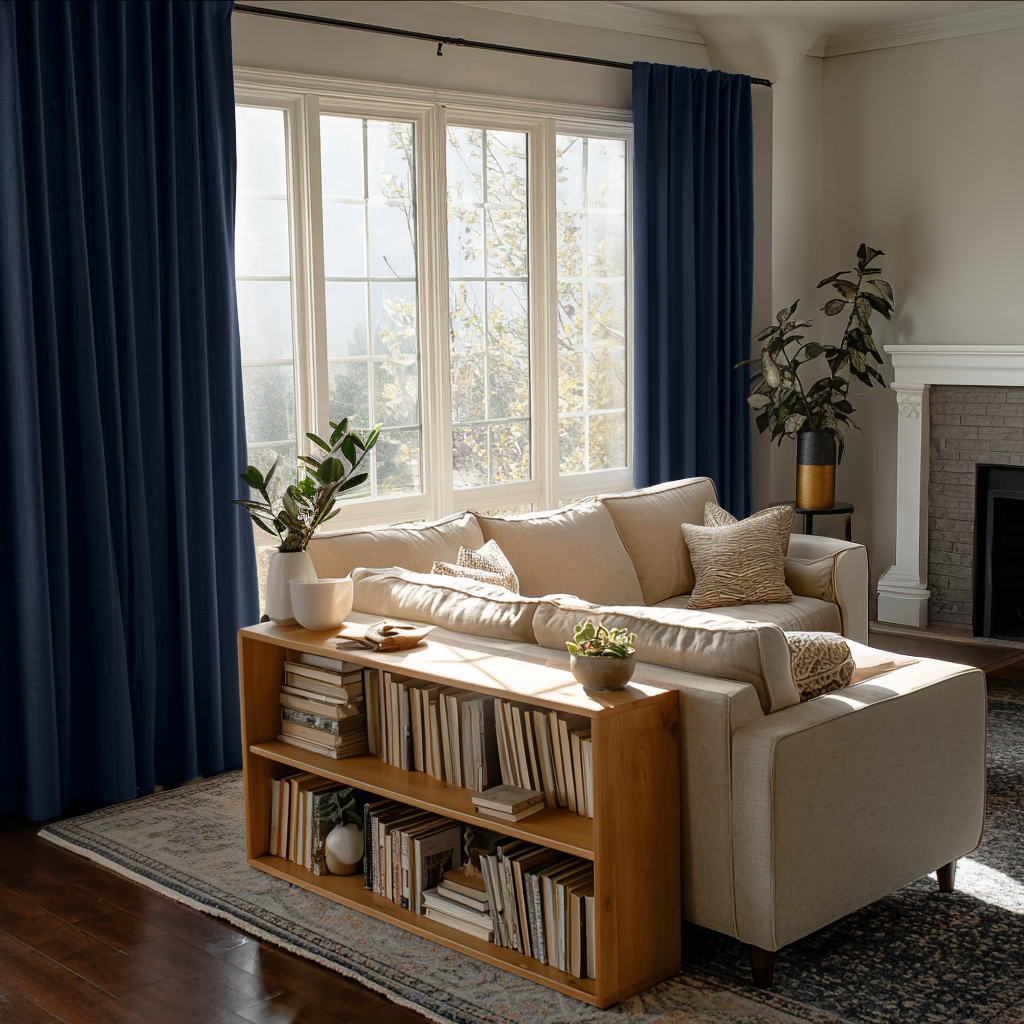 Royal Blue Linen Soundproof Curtains with Multitape