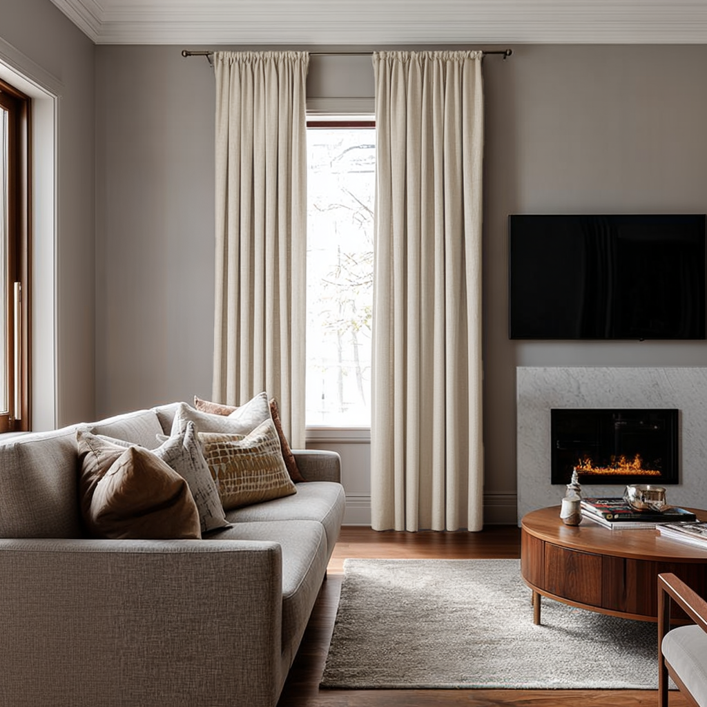 Cream Linen Soundproof Curtains with Multitape