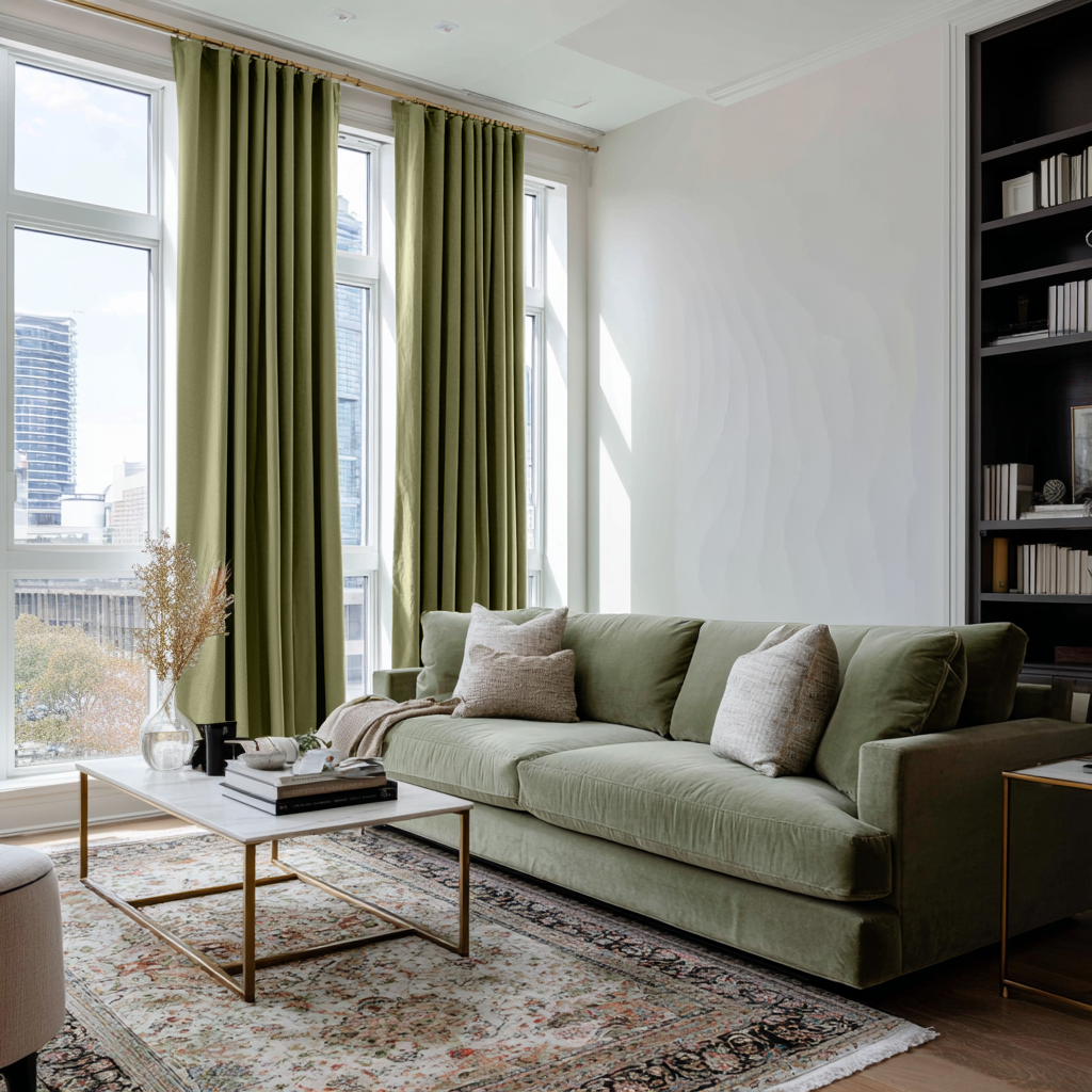 Olive Green Linen Soundproof Curtains with Multitape