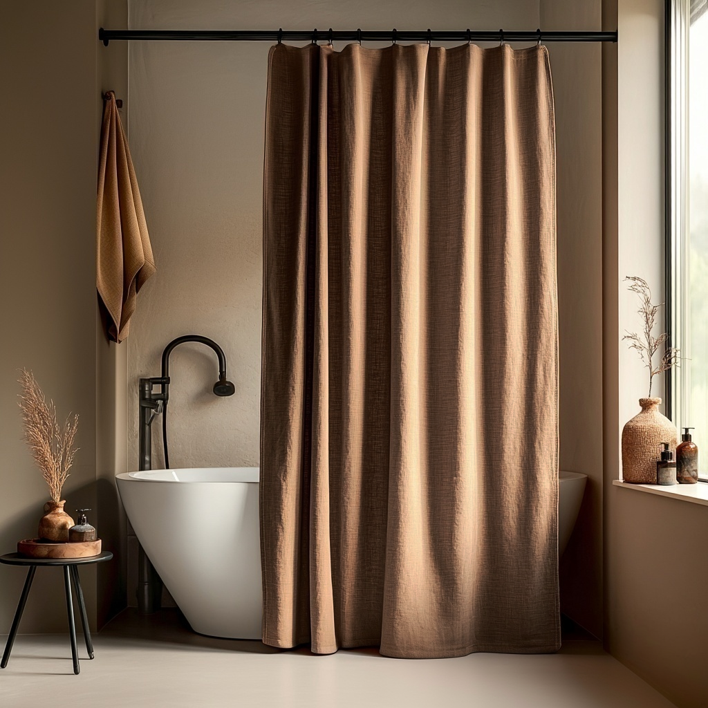 Linen Tawny Brown Button-Hole Top Shower Curtain in a Modern Bathroom with Neutral Walls