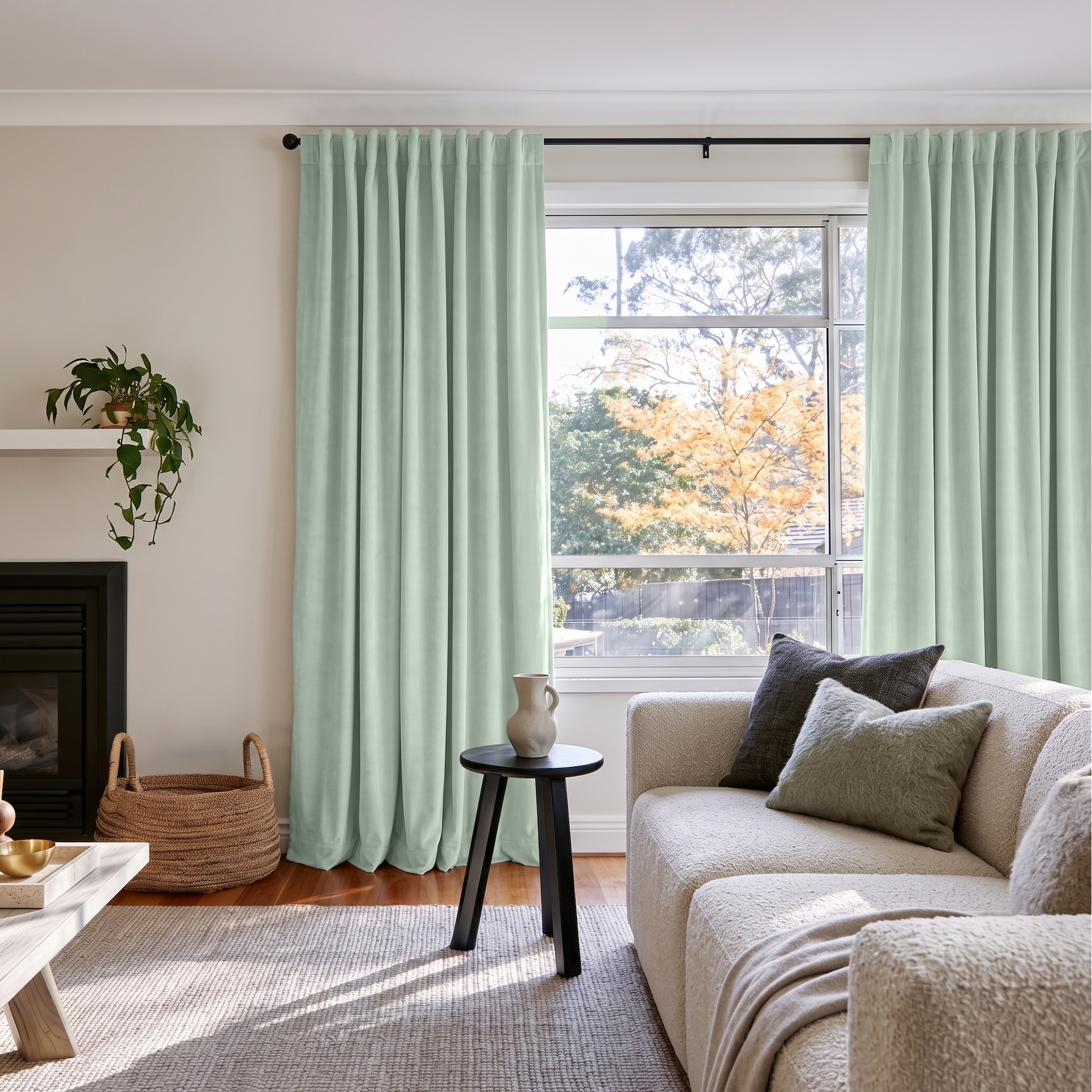 Mint Green Velvet Back Tab Curtains in a Contemporary Living Room with Beige Walls and Cream Bouclé Sofa