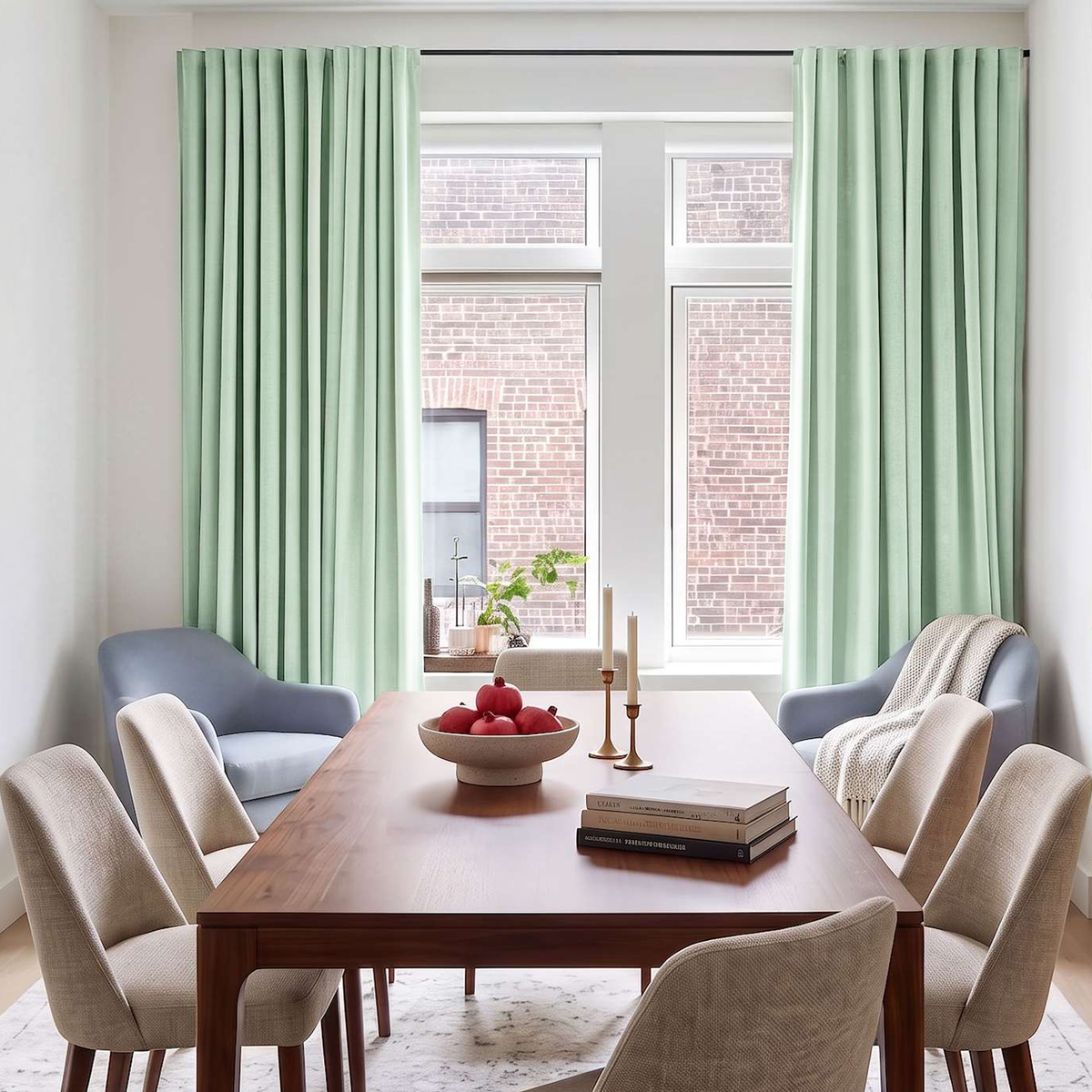 A dining room scene with mint green curtains framing a large window, a wooden dining table, upholstered chairs, and a bowl of red apples on the table.
