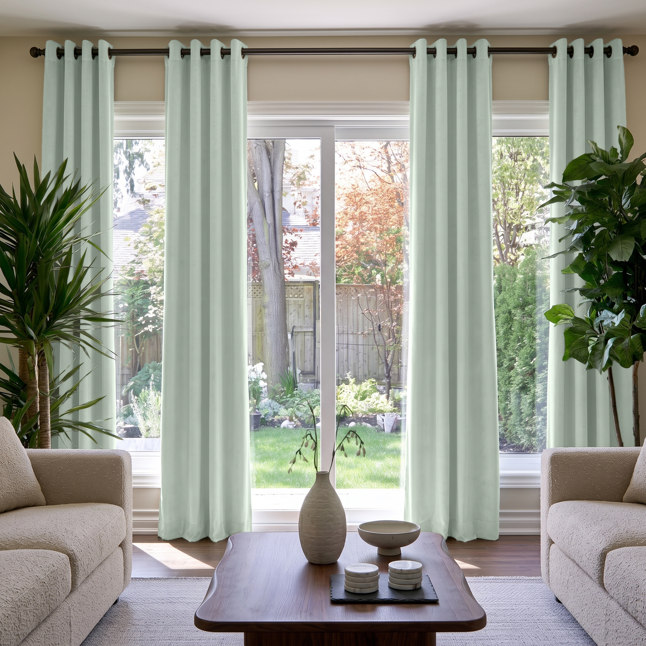Mint Green Velvet Eyelet Curtains in a Contemporary Living Room with Cream Armchairs and a Walnut Coffee Table