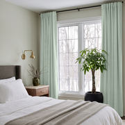 Mint Green Velvet Multitape Thermal Curtains in a Minimal Bedroom with Soft Grey Walls and White Bedding