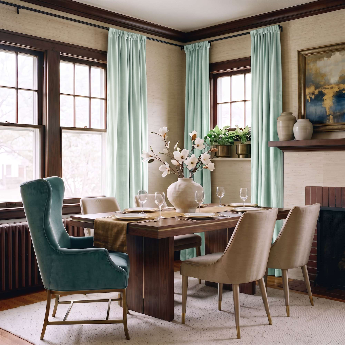 A styled dining room interior featuring a dark wood dining table surrounded by beige upholstered chairs, with a prominent teal velvet wingback chair in the foreground. The room has tall windows with mint green curtains, a brick fireplace, and a light rug.