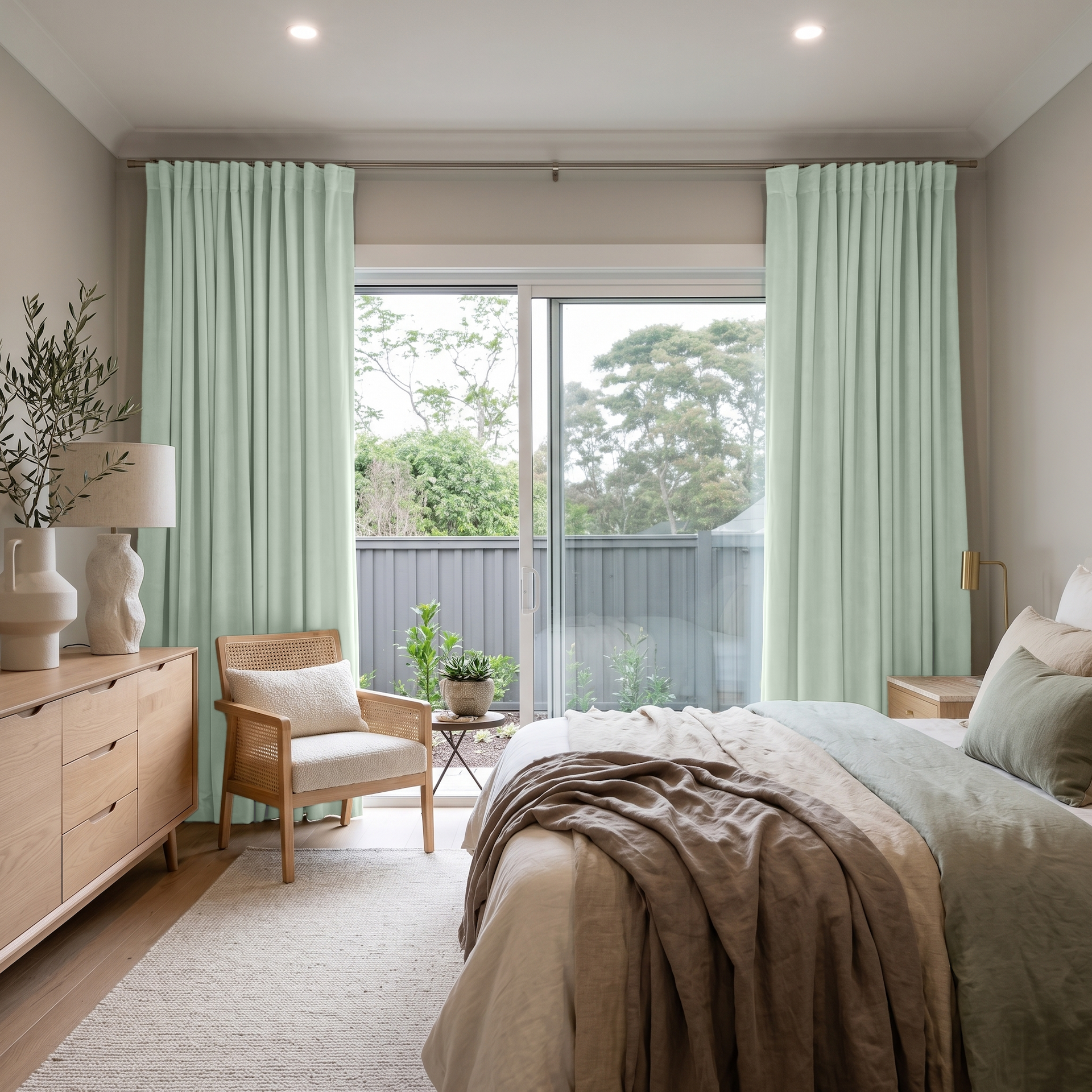 Mint Green Velvet S-Fold Sliding Patio Door Curtains in a Modern Bedroom with Taupe Bedding and Light Wood Furniture