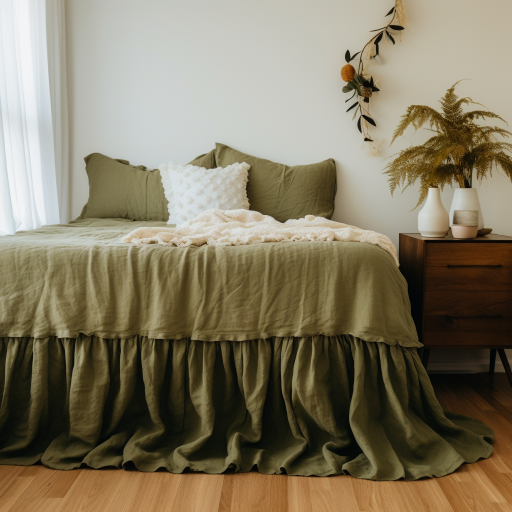 Moss Green Linen Bed Skirt Valance with Gathered Ruffles