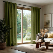 Moss Green Linen Back Tab Curtains for Bifold Doors in a Living Room with Light Grey Walls - Cotton Lining