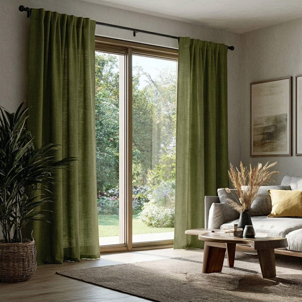Moss Green Linen Back Tab Curtains for Bifold Doors in a Living Room with Light Grey Walls - Cotton Lining
