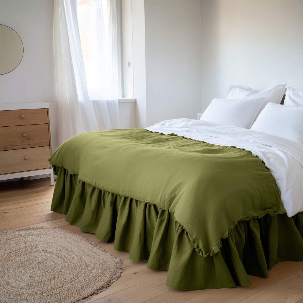 Moss Green Linen Bed Skirt Valance with Gathered Ruffles