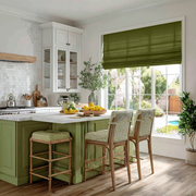Moss Green Linen Roman Shades in a Bright Kitchen with White Cabinetry - Blackout Lining