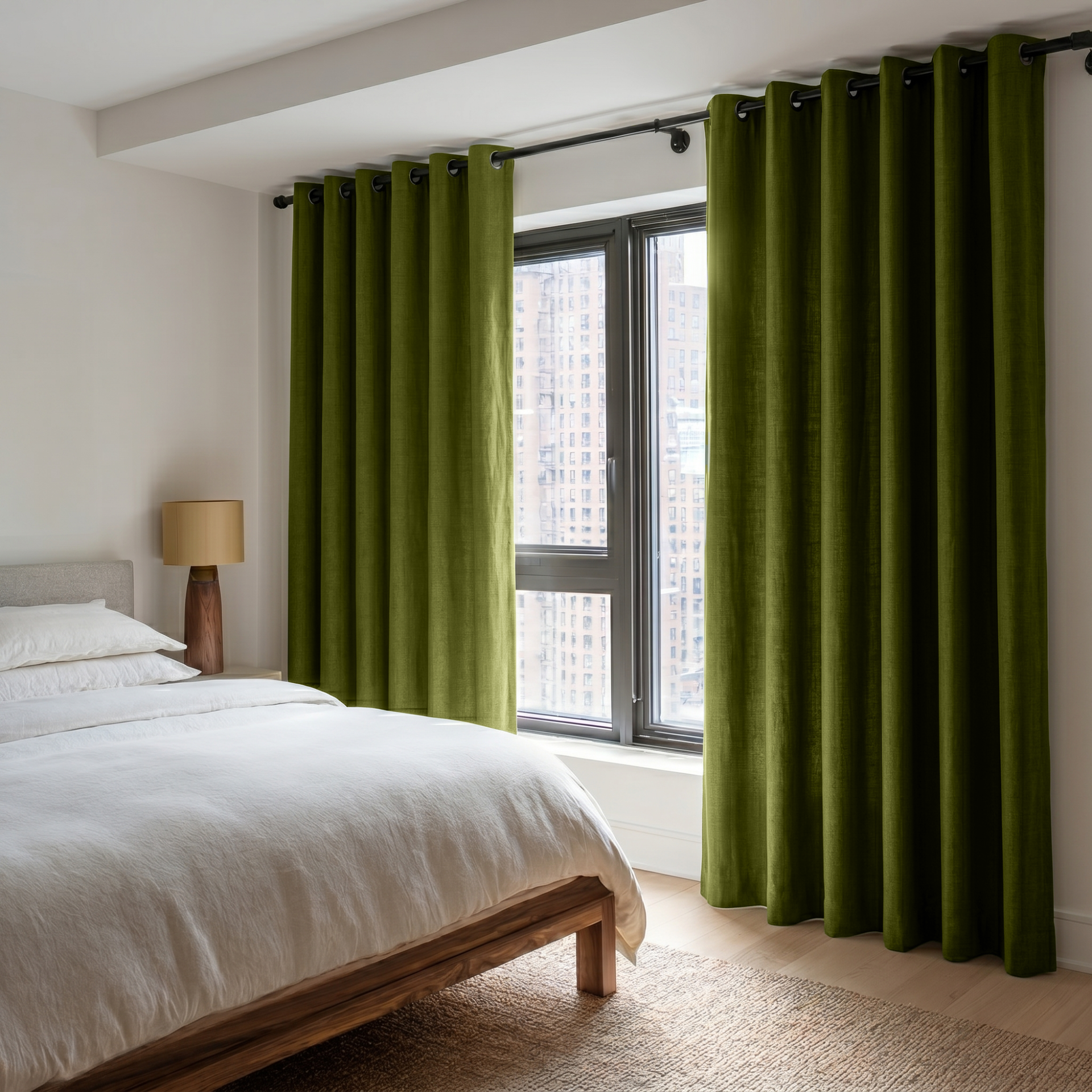 Moss Green Linen Eyelet Bedroom Curtains in a Minimal Bedroom with a Walnut Wood Bed Frame and Warm Beige Accents - Blackout Lining