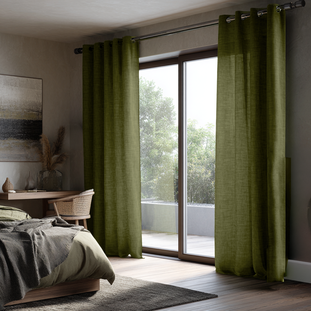 Moss Green Linen Eyelet Curtains for Bifold Doors in a Bedroom with Grey Walls