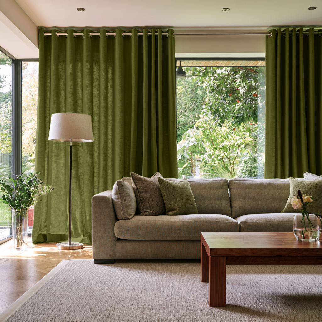 Moss Green Linen Eyelets Extra Long Curtains in a Modern Living Room with Beige Sofa and Garden View