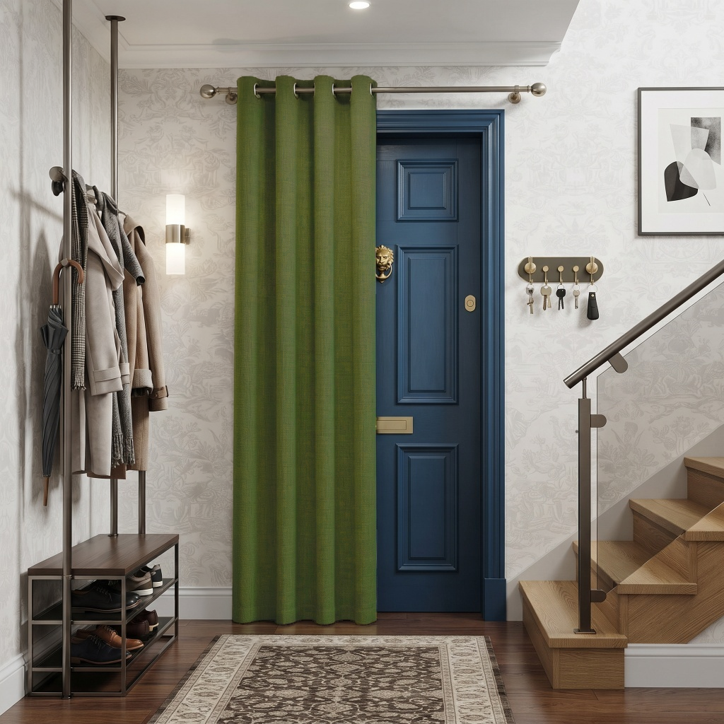 Thermal Door Curtain Moss Green in a Hallway with White Damask Wallpaper and a Blue Front Door and Dark Metal Coat Stand