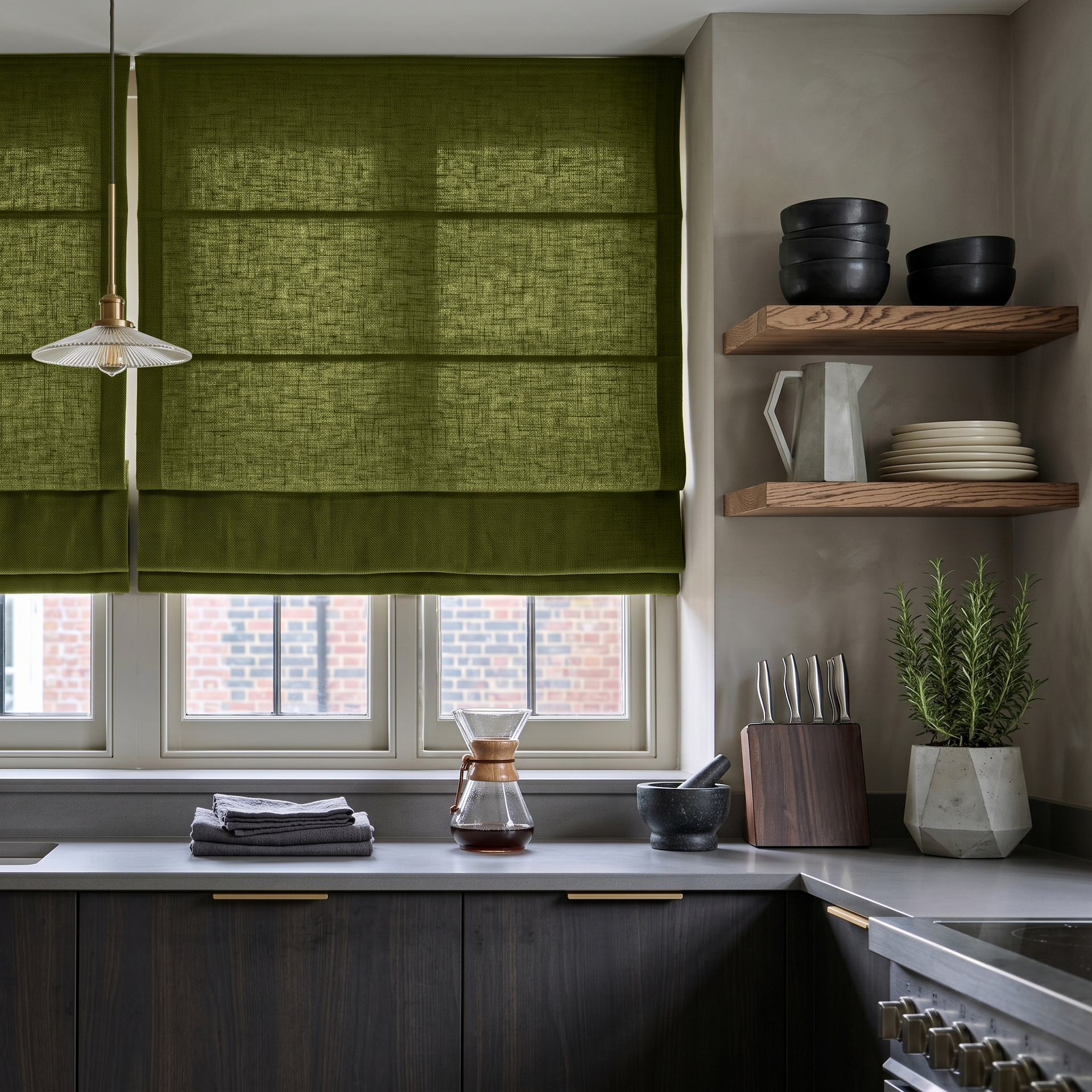 Moss Green Linen Roman Blinds in a Moody Kitchen with Dark Wood Cabinetry - Cotton Lining