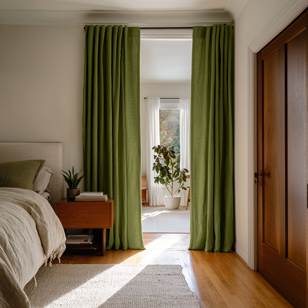 Moss Green Linen Doorway Curtains with Multitape