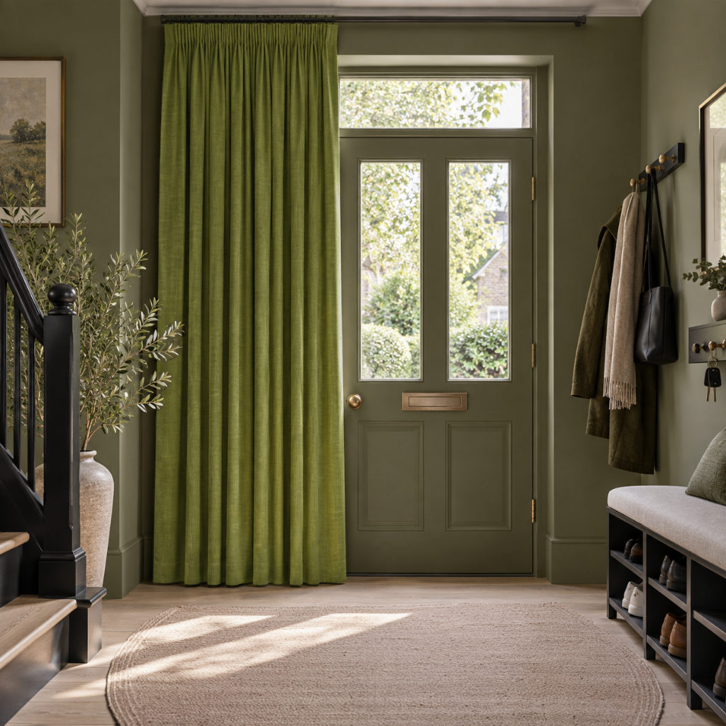 Thermal Door Curtain Moss Green in a Hallway with Sage Green Walls and an Olive Green Front Door