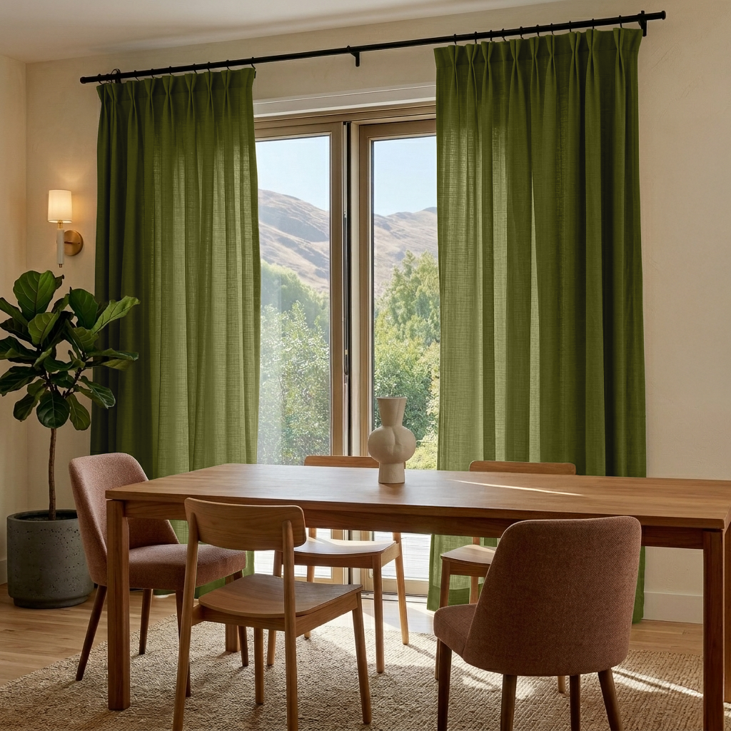 Moss Green Linen Pinch Pleat Curtains for Bifold Doors in a Dining Room with Cream Walls - Cotton Lining