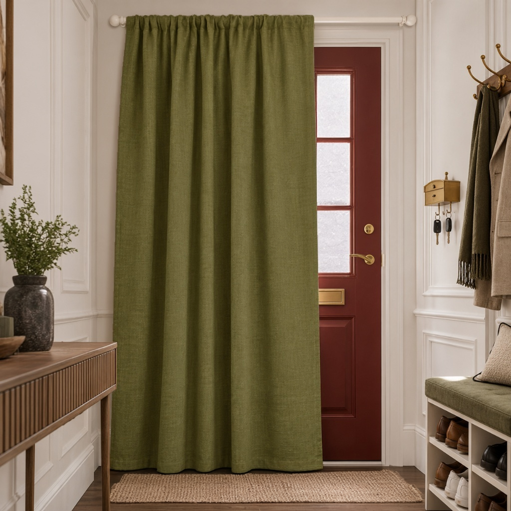 Thermal Door Curtain Moss Green in a Hallway with White Walls and a Dark Red Front Door and Wooden Console Table