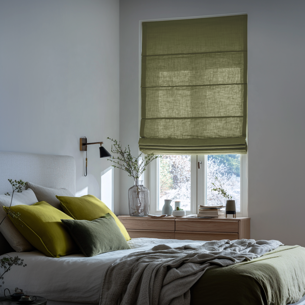 Moss Green Linen Roman Blinds
