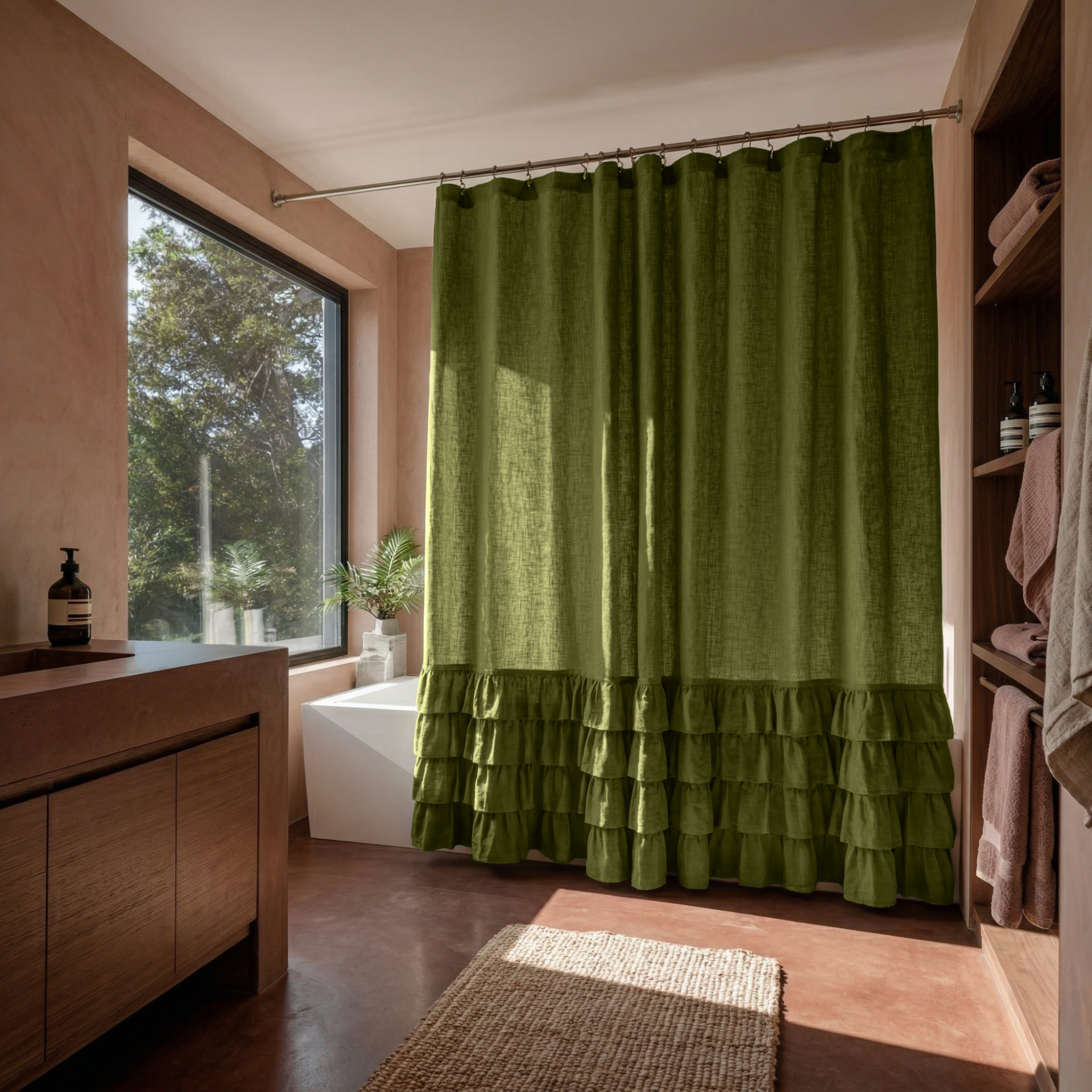 Moss Green Linen Ruffle Shower Curtain in a Modern Bathroom with Soft Terracotta-Plaster Walls and Blush Accents