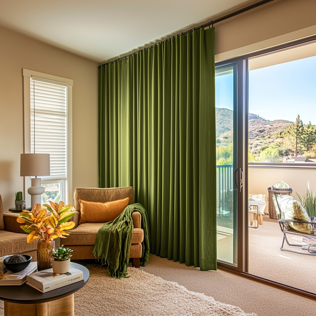 Moss Green Linen S-Fold Curtains for Bifold Doors in a Living Room with Warm Beige Walls - Cotton Lining