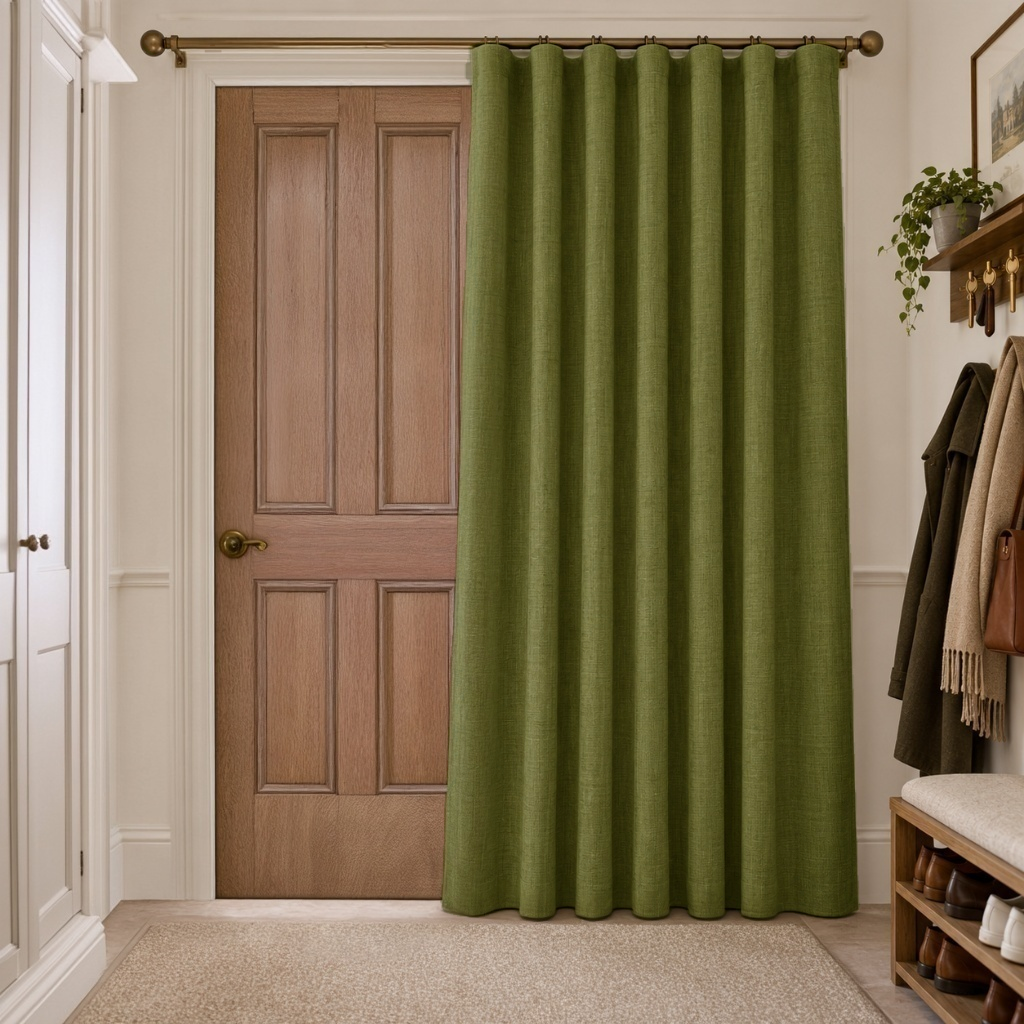 Thermal Door Curtain Moss Green in a Hallway with Off-White Walls and a Wooden Panel Door and Wooden Shoe Bench