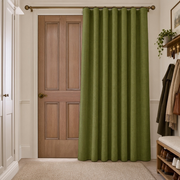 Thermal Door Curtain Moss Green in a Hallway with Off-White Walls and a Wooden Panel Door and Wooden Shoe Bench