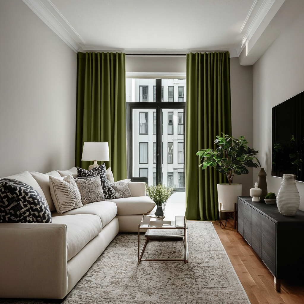 Moss Green Linen Soundproof Curtains with Multitape