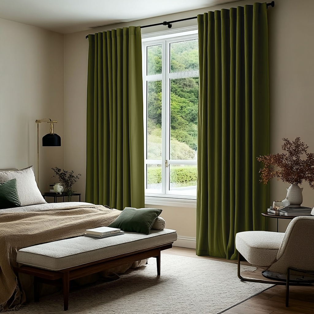 Moss Green Linen Thermal Curtains with Multitape