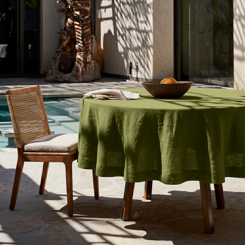 Moss Green Linen Round Tablecloth in a Poolside Patio Dining Space